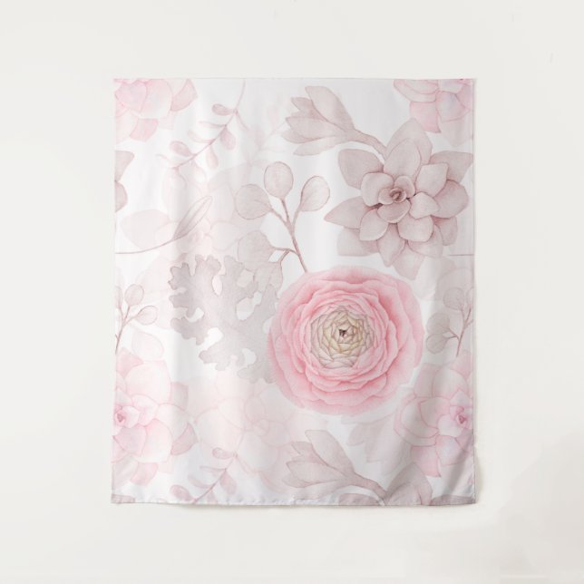 Pink Flower Succulent Illustration Summer Pattern Tapestry (Front)