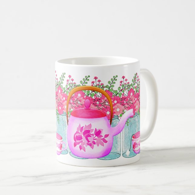 Pink Flower Teapot – Elegant Floral Design for Hot Coffee Mug (Front Right)