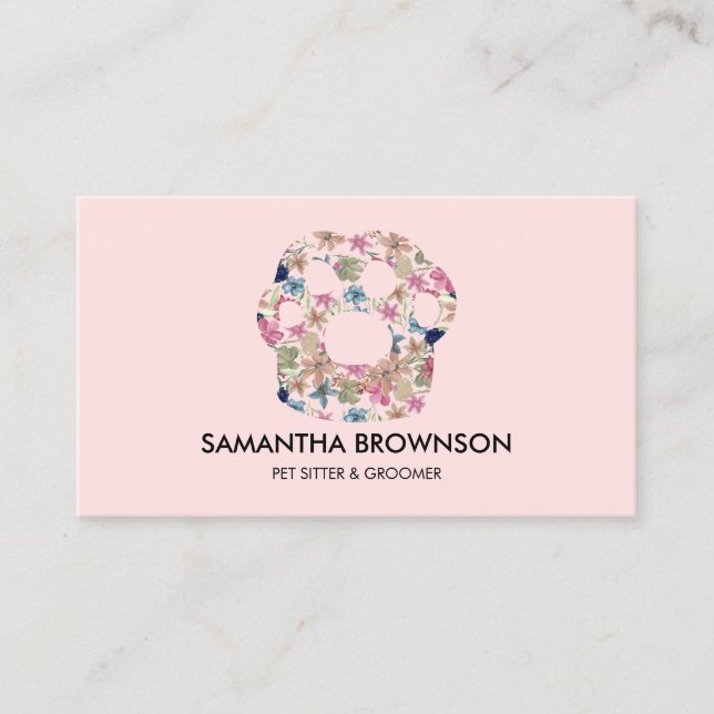 Pink Flower Texture Paw Pet Sitting Business Card (Front)