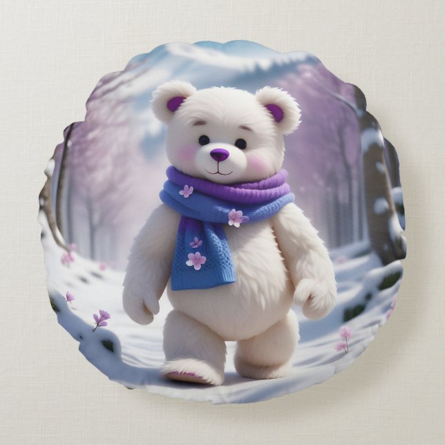 pink flower tree blossom middle white bear cute  round pillow (Front)