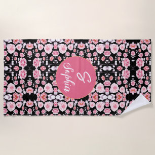 pink flower vintage pattern   Custom Monogram Beach Towel