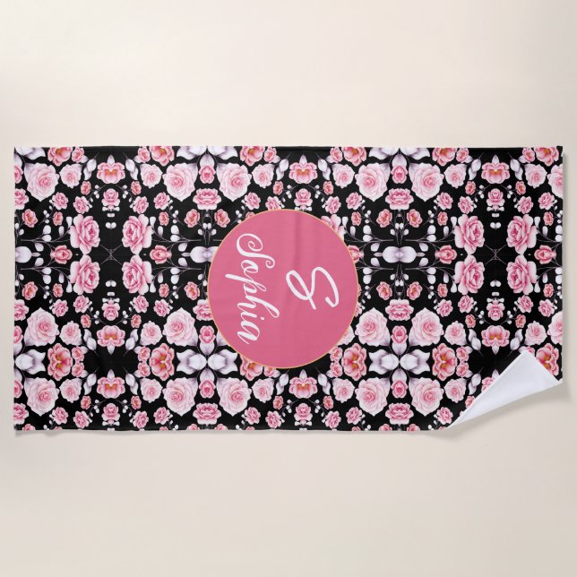 pink flower vintage pattern | Custom Monogram Beach Towel (Front)