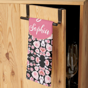 pink flower vintage pattern Custom Monogram Kitchen Towel