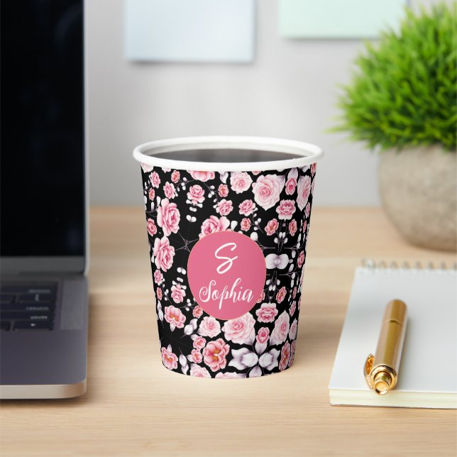 pink flower vintage pattern | Custom Monogram Paper Cups (Insitu)