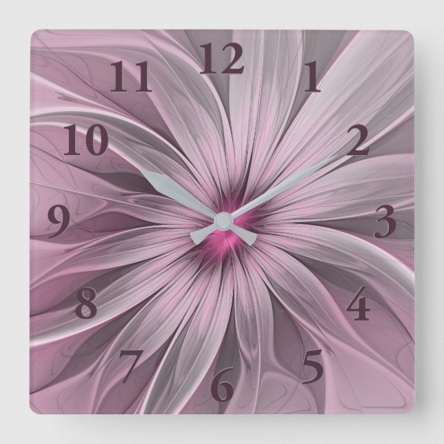Pink Flower Waiting For A Bee Abstract Fractal Art Square Wall Clock (Front)