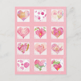 Pink Flower Watercolor Hearts Collage Roses Cat Postcard