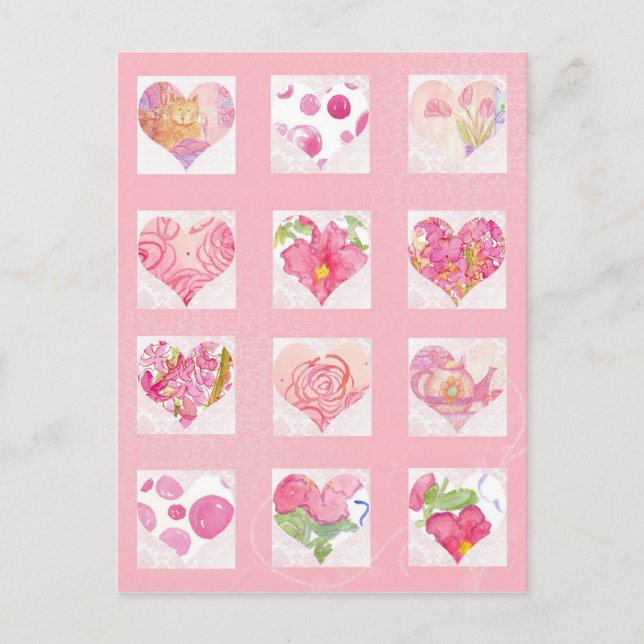 Pink Flower Watercolor Hearts Collage Roses Cat Postcard (Front)