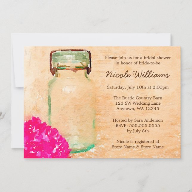 Pink Flower Watercolor Mason Jar Bridal Shower Invitation (Front)