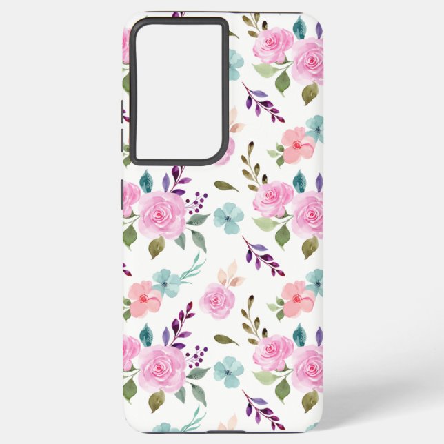 Pink flower watercolor seamless samsung galaxy s21 ultra case (Back)