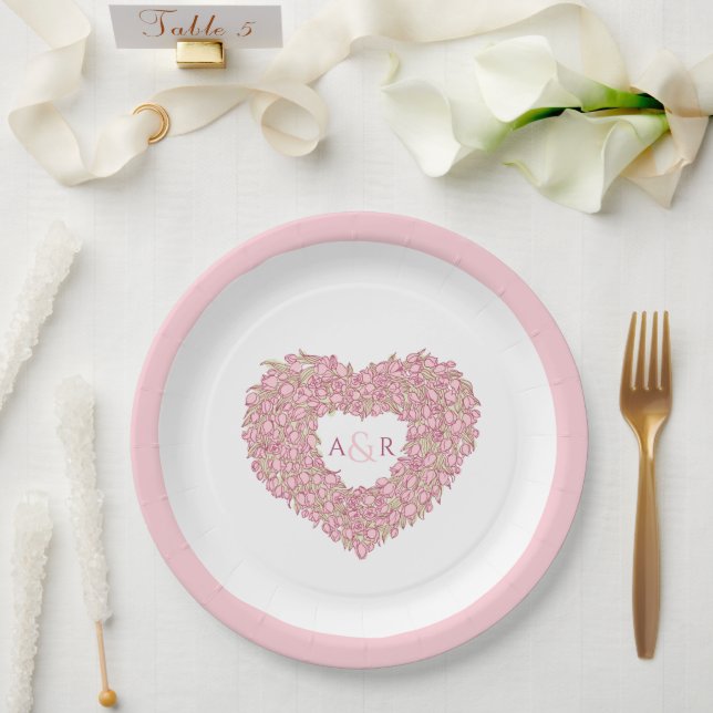 Pink flower wedding tulips heart bouquet monogram paper plate (Wedding)