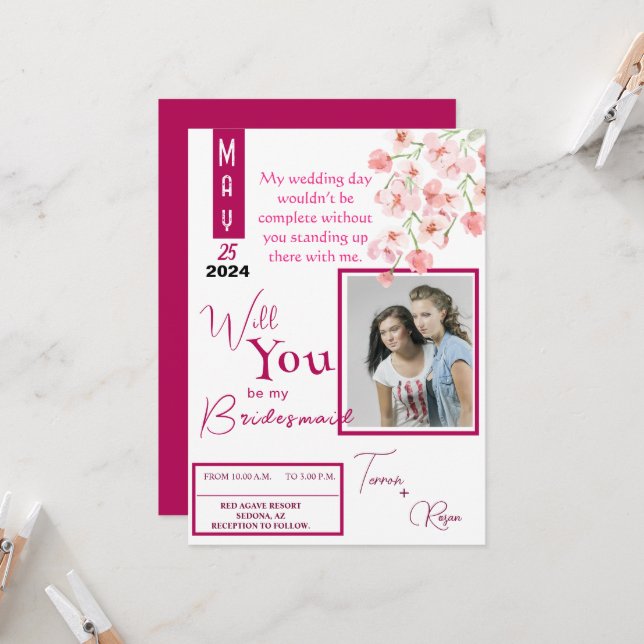 Pink Flower wine Invitation (Front/Back In Situ)