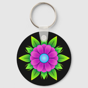 Pink Flower with Green Leaves Keychain