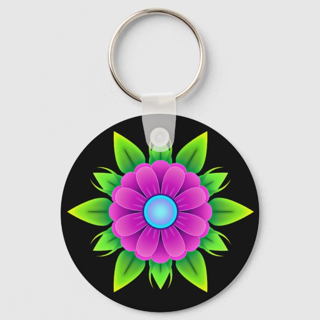 Pink Flower with Green Leaves Keychain (Front)