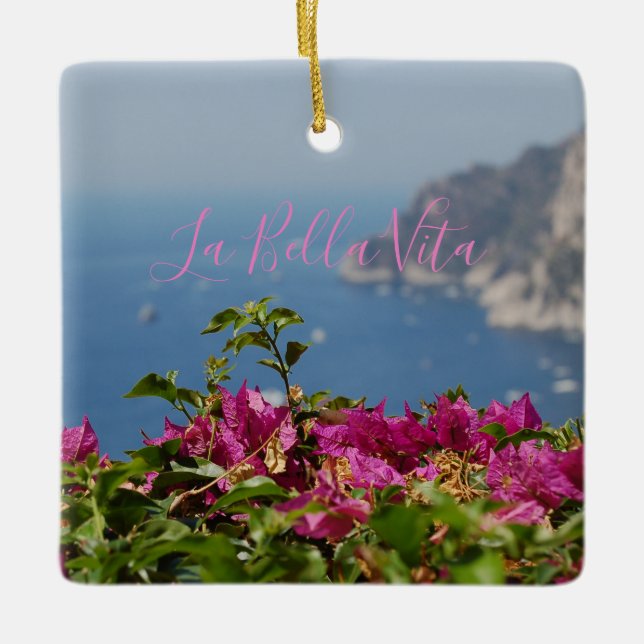 Pink Flower with Ocean View on Capri, Italy Ceramic Ornament (Front)