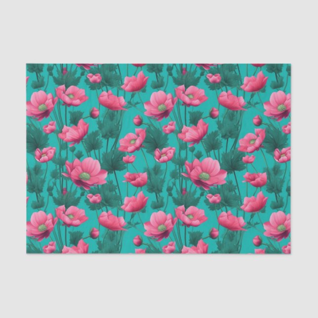 Pink flower with Turquoise Background Decoupage Tissue Paper (Front)