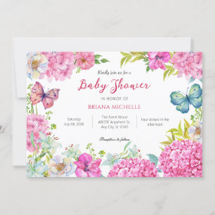 Pink flower wreath watercolor baby shower invitation