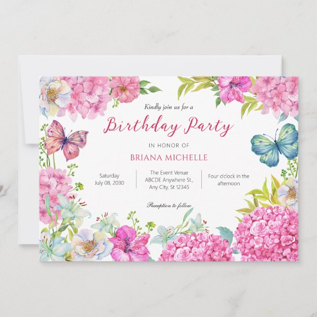 Pink flower wreath watercolor  invitation (Front)