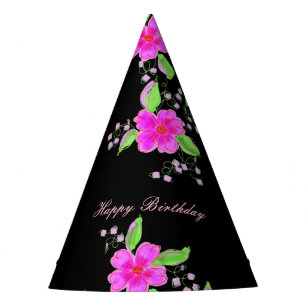 Pink Flowered Black Paper Party Hat