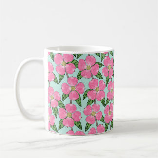 pink flowering dogwood line drawing floral on aqua coffee mug