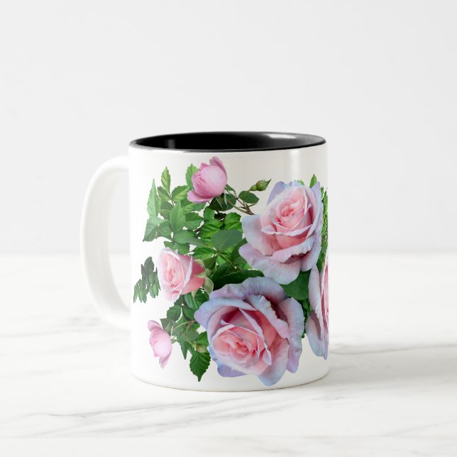Pink Flowering Rose Two-Tone Coffee Mug (Front Left)