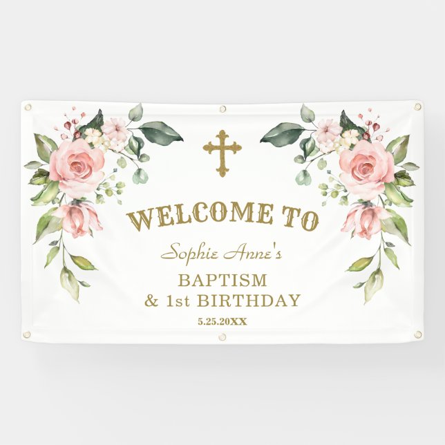 Pink Flowers 1st Birthday Baptism Welcome Sign (Horizontal)