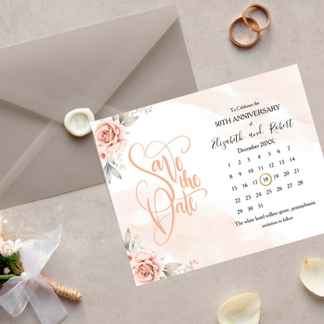 Pink Flowers 50th Anniversary Save The Date Announcement Postcard (Creator Uploaded)