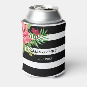 Pink Flowers And Black White Stripes Can Cooler