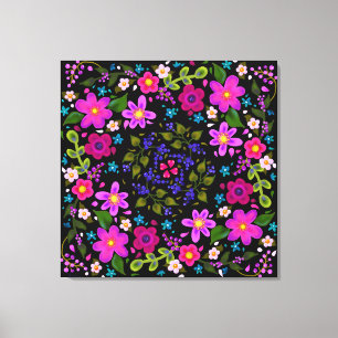 Pink Flowers and Blue Berries Painted Boho Canvas Print