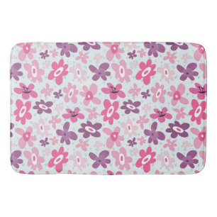 Pink Flowers and Blue Hearts Cute Whimsical Bath Mat