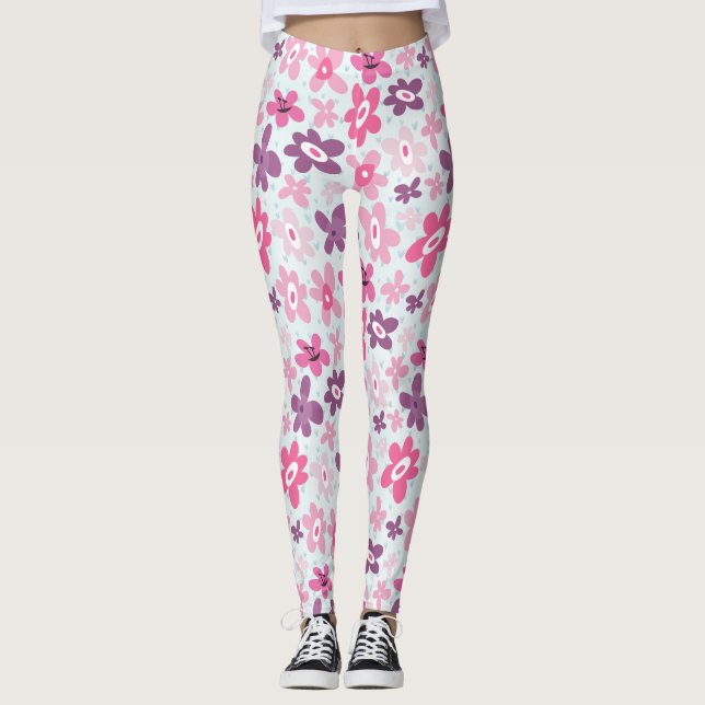 Pink Flowers and Blue Hearts Cute Whimsical Leggings (Front)