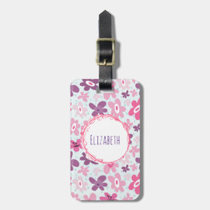 Pink Flowers and Blue Hearts Cute Whimsical Luggage Tag