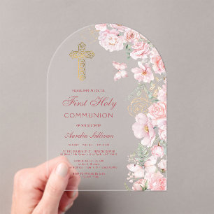 Pink Flowers and Butterflies Arch First Communion Acrylic Invitations