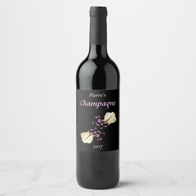 Pink Flowers and Butterflies Floral Wine Label (Front)