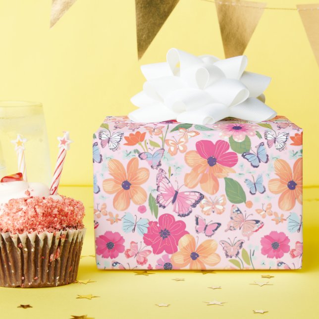 Pink Flowers and Butterflies Gift Wrap (Birthday Party)