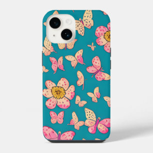 Pink Flowers and Butterflies Pattern Background  iPhone 14 Case