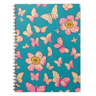 Pink Flowers and Butterflies Pattern Background Notebook