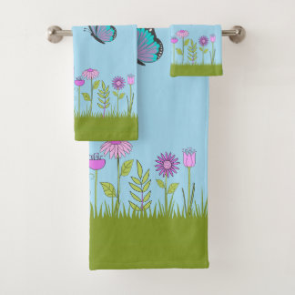 Pink Flowers and Butterfly All-Over Print  Bath Towel Set