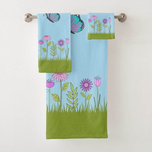 Pink Flowers and Butterfly All-Over Print  Bath Towel Set (Insitu)