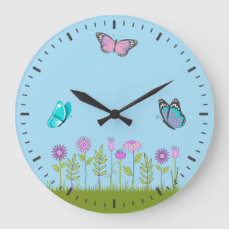 Pink Flowers and Butterfly All-Over Print  Large Clock