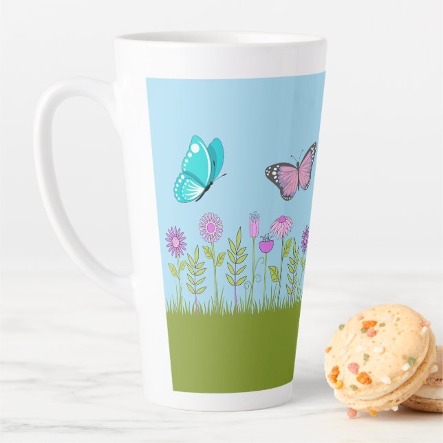 Pink Flowers and Butterfly All-Over Print  Latte Mug (In Situ)