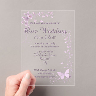 Pink FLowers and Butterfly Theme Wedding Acrylic Invitations