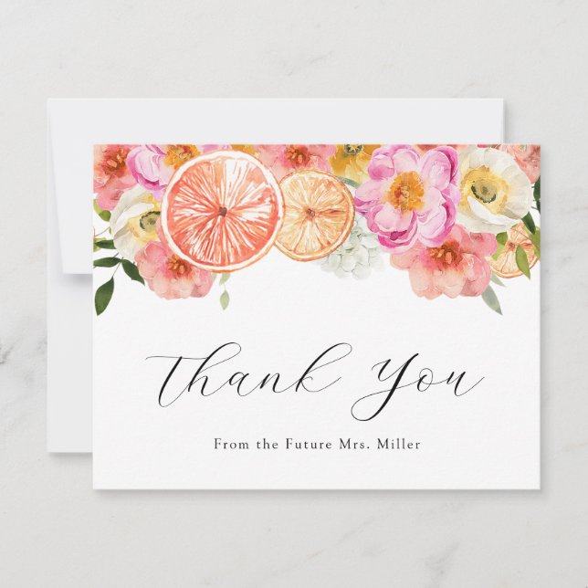 Pink Flowers and Citrus Thank You  Note Card (Front)