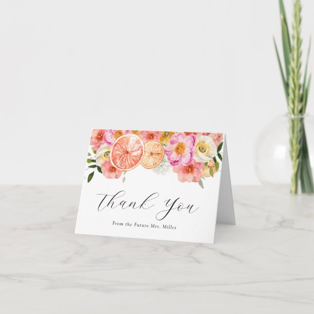 Pink Flowers and Citrus Thank You  Note Card (Front)