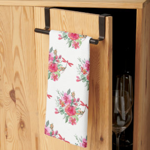 Pink flowers and dragonflies pattern  kitchen towel