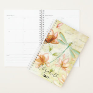 Pink flowers and dragonfly personalized, year planner