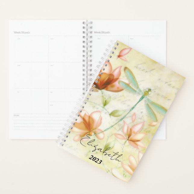 Pink flowers and dragonfly personalized, year planner (Display)