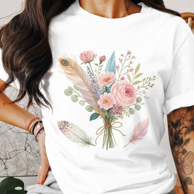 Pink Flowers and Feathers T-Shirt (Creator Uploaded)