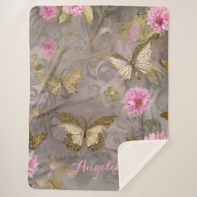 Pink Flowers and Gold Flowers Personalized Name Sherpa Blanket (Front)