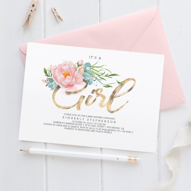 Pink Flowers and Gold Glitter Modern Baby Shower Invitation (Creator Uploaded)
