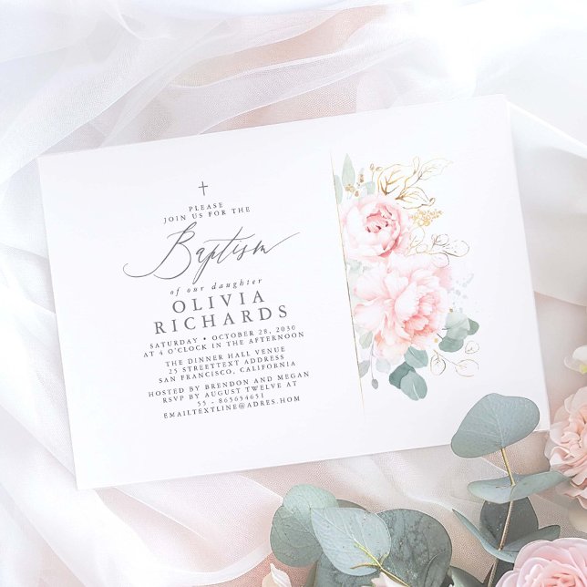 Pink Flowers and Gold Greenery Leaves Baptism Invitation (Pink Floral Elegant Baptism Invitations)